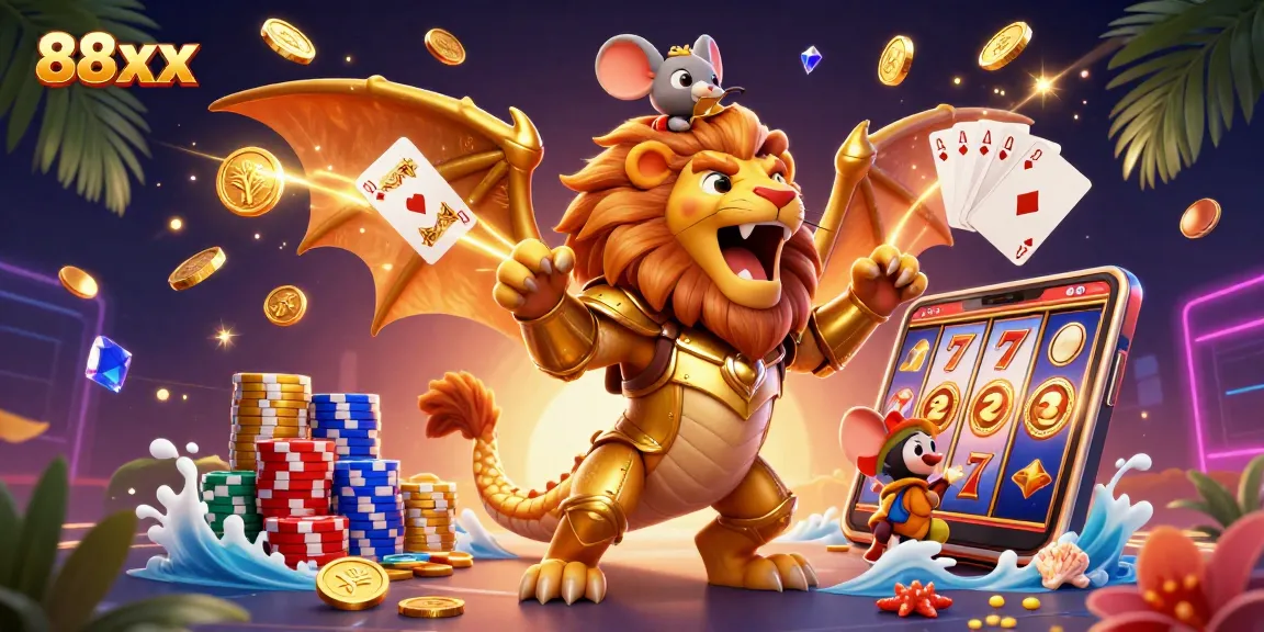 Engage in thrilling slots and gaming at 88xx with dynamic golden coins, cards, and poker chips.