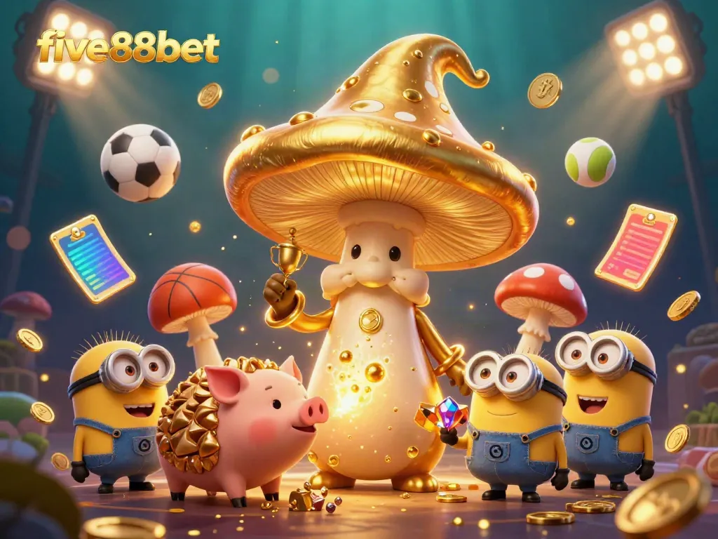 Experience the excitement of five88bet with a vibrant 3D illustration featuring a golden wizard and treasure-hunting pig.
