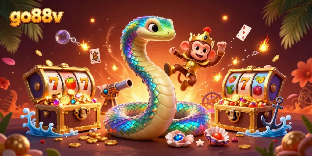 Engage with go88v, a vibrant 3D casino scene featuring colorful characters and dynamic gaming elements.