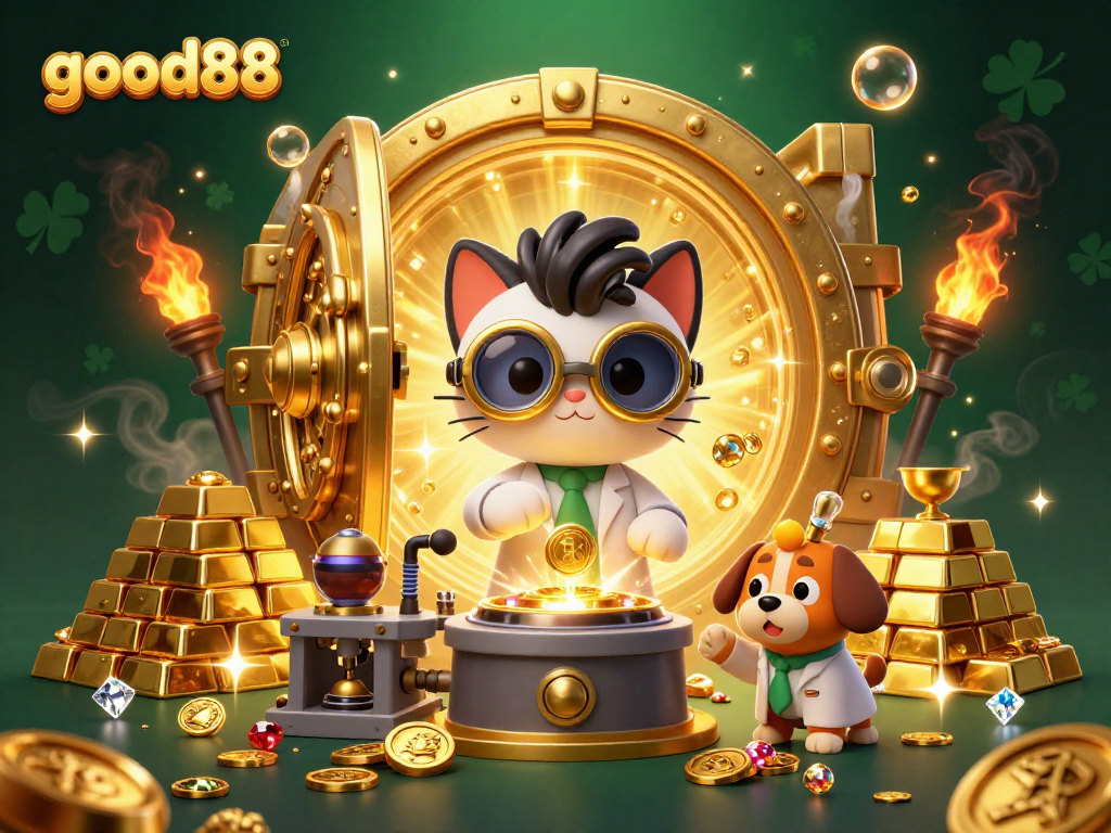 Experience thrilling wins at good88 with a vibrant scene of a mad scientist cat crafting gold.
