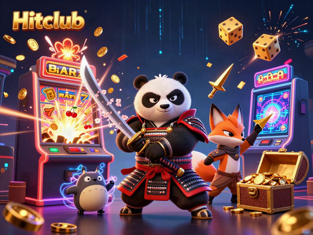Hitclub's vibrant 3D illustration featuring a samurai panda, ninja fox, and magical spirit with dynamic casino elements.