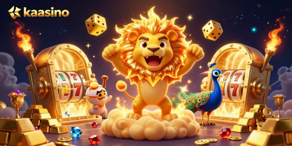 Experience kaasino with a dynamic 3D casino scene featuring a roaring lion and golden treasures.