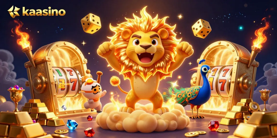 Experience kaasino with a dynamic 3D casino scene featuring a roaring lion and golden treasures.