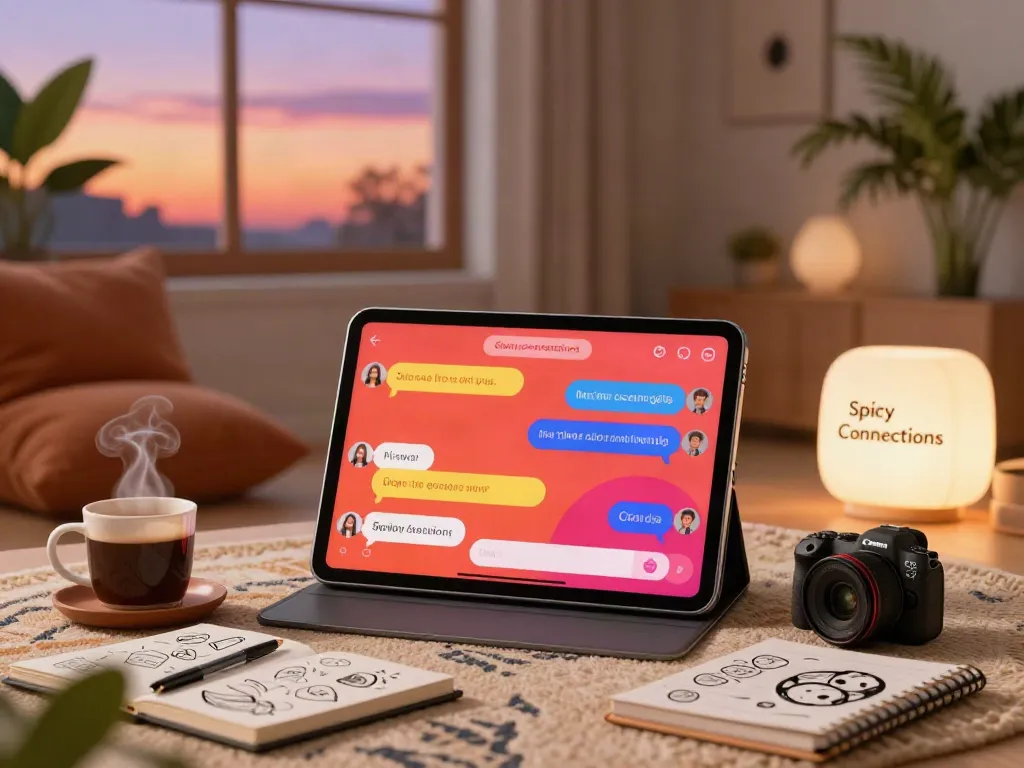 Engaging scene of a user enjoying spicy chat AI on a tablet in a cozy setting.