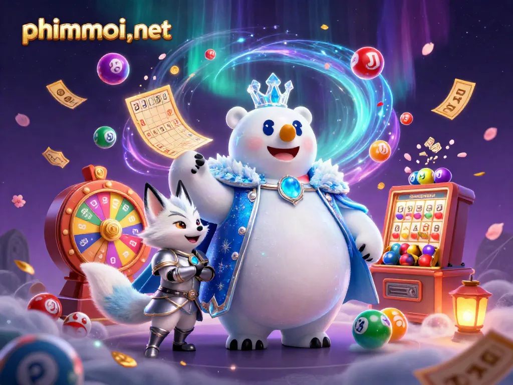 Engage with phimmoi.,net's vibrant casino scene featuring a polar bear king amidst lottery excitement.