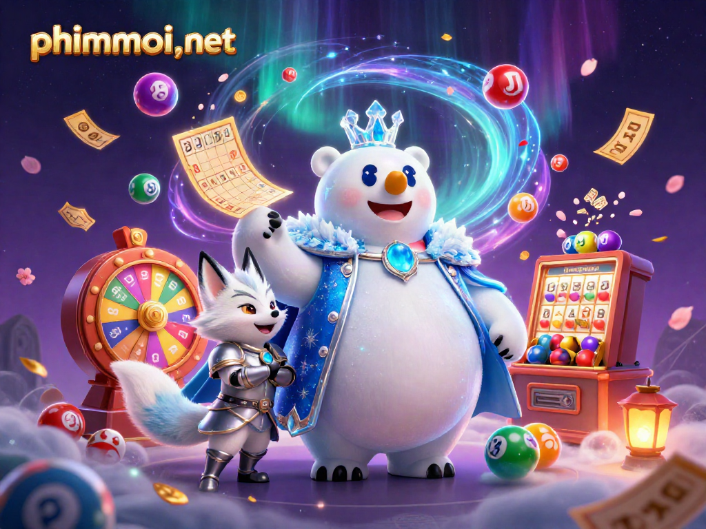 Engage with phimmoi.,net's vibrant casino scene featuring a polar bear king amidst lottery excitement.