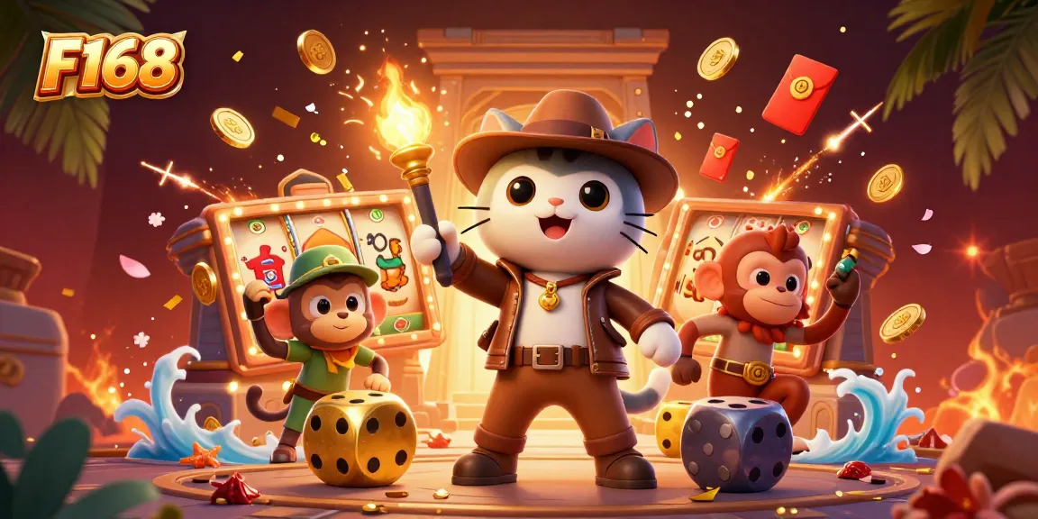 Discover the vibrant world of F168 with a cartoon archaeologist cat uncovering treasures amid casino elements.
