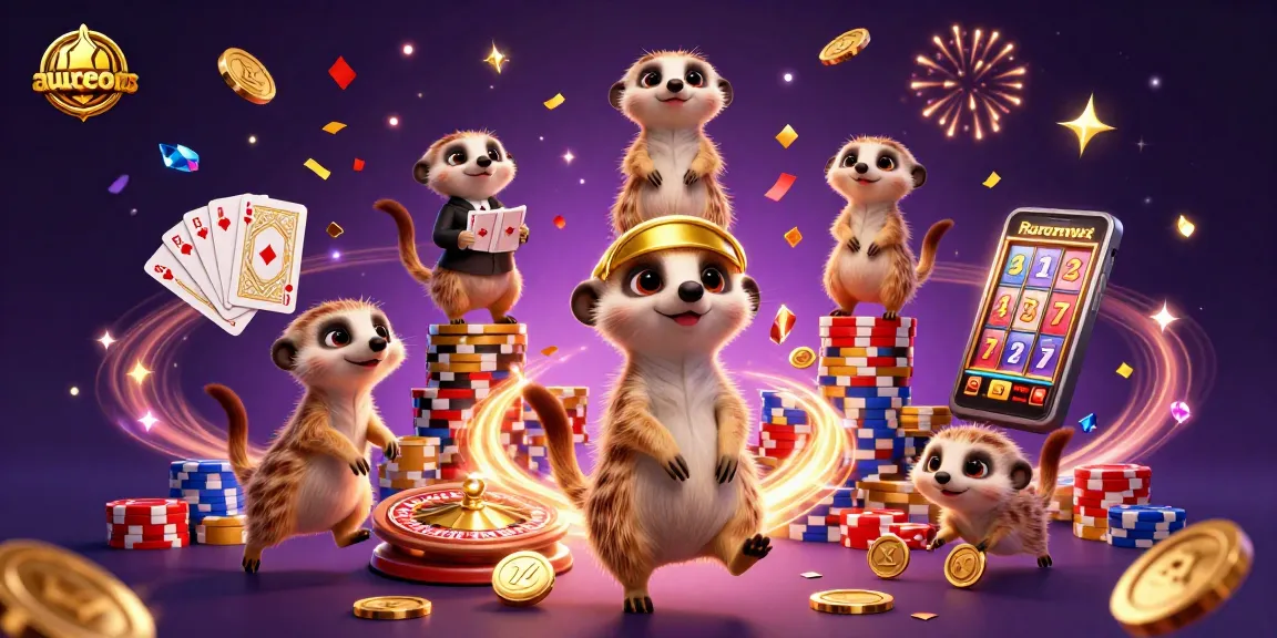 Aureoncasino showcases meerkats expertly managing a vibrant casino scene filled with gold coins and card games.