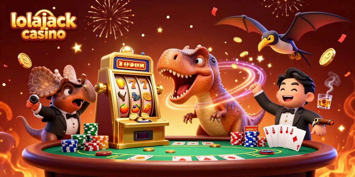 Experience winning moments at lolajack casino as a dinosaur celebrates jackpot wins amidst animated casino games.